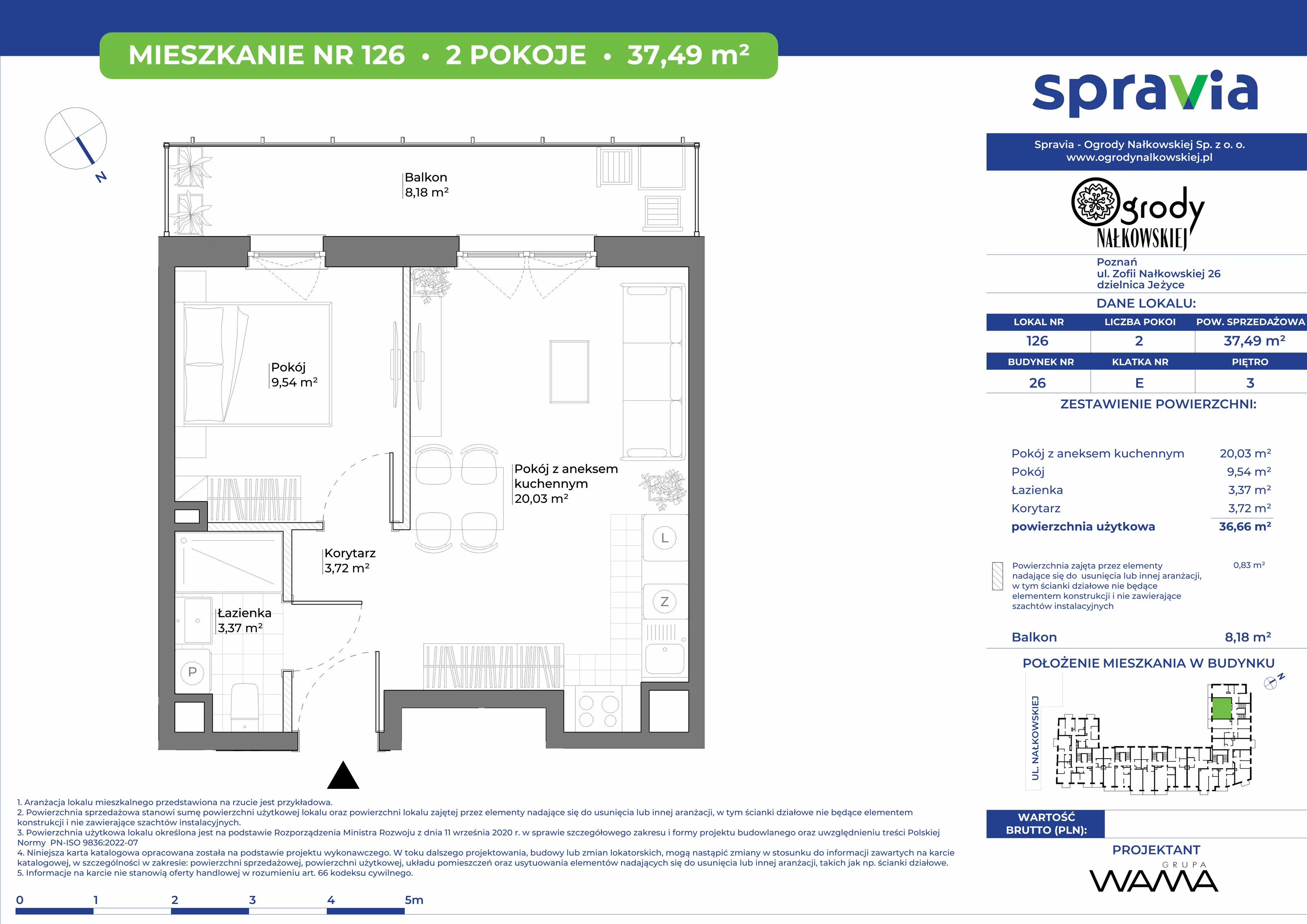 2 pokoje, mieszkanie 37,49 m², piętro 3, oferta nr 26-126, Ogrody Nałkowskiej, Poznań, Ogrody, ul. Nałkowskiej 24, 26